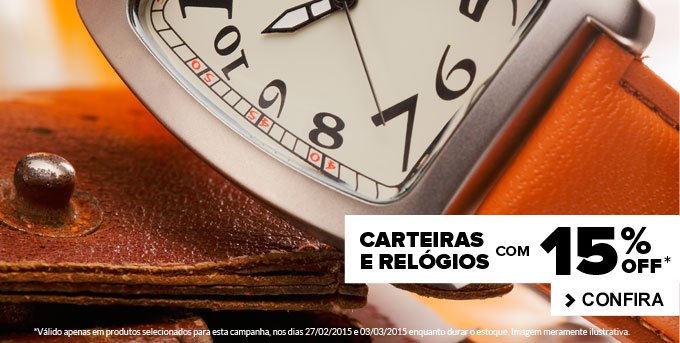 Carteiras e relógios com 15% Off